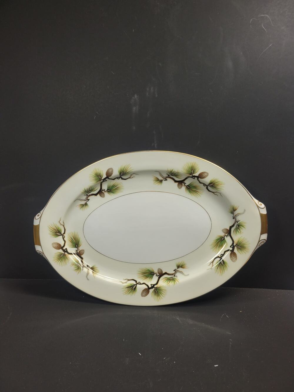 Vintage Narumi China Shasta Pine 17" Oval Serving Platter Cream Gold Trim 1950s